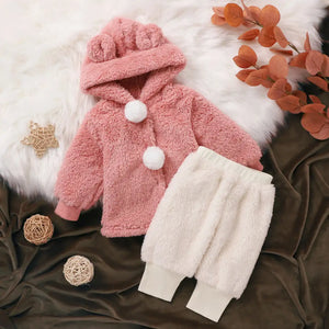Fuzzy Pink N White Pom Pom Fleece Hoodie 2pcs Set - Minitaq baby kids clothes dress
