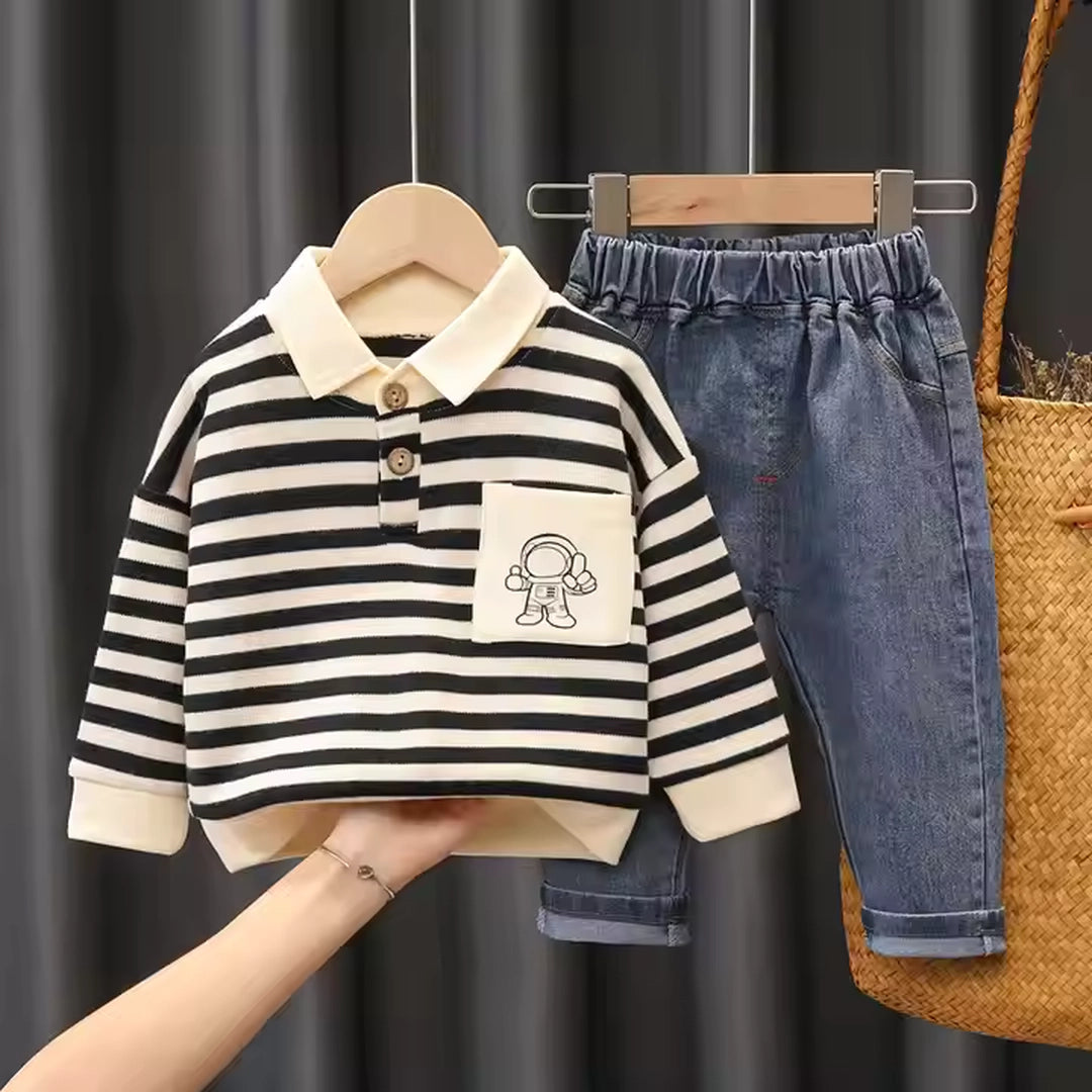 Cartoon Pocket Black Striped Shirt N Blue Jeans Set - Minitaq baby kids clothes dress