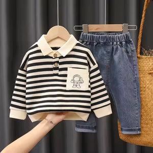 Cartoon Pocket Black Striped Shirt N Blue Jeans Set - Minitaq baby kids clothes dress