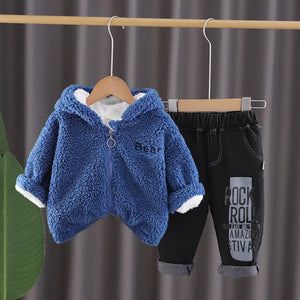 Warm Comfy Blue Hooded Zipper Jacket With Black Jeans Set - Minitaq baby kids clothes dress