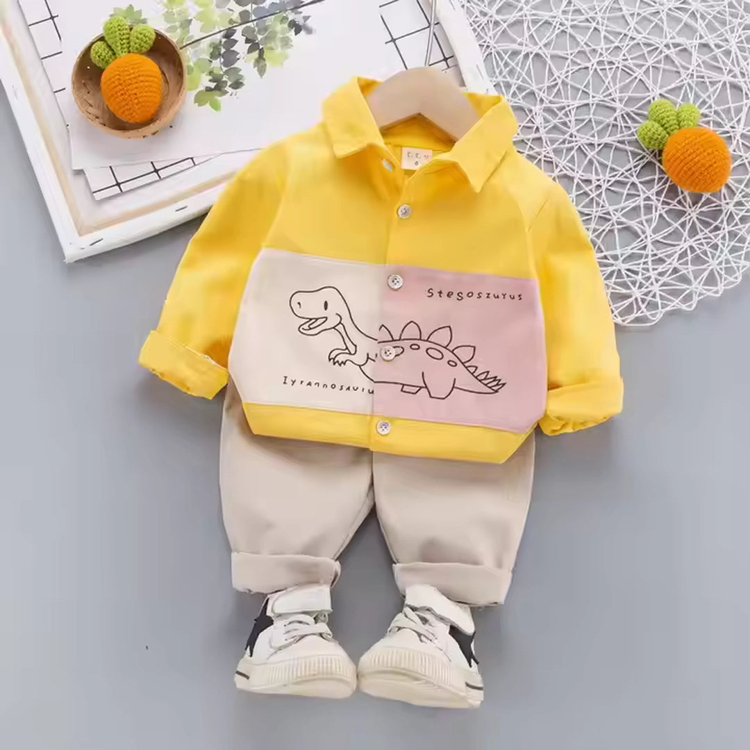 Happy Dino Design Yellow Shirt N Beige Pants Set For Kids - Minitaq baby kids clothes dress