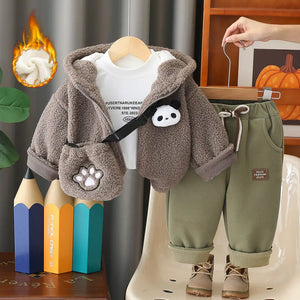 Brown Panda Hooded Jacket N Khaki Drawstring Pants - Minitaq baby kids clothes dress
