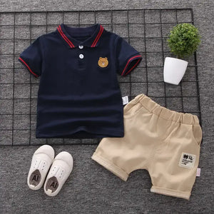 Cotton Blue T-Shirt with Embroidery and Beige Shorts 1 - Minitaq baby kids clothes dress