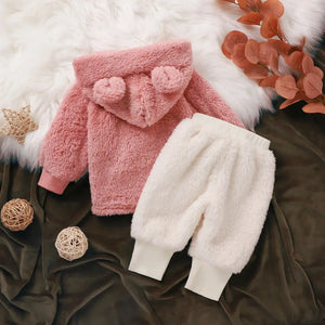 Fuzzy Pink N White Pom Pom Fleece Hoodie 2pcs Set - Minitaq baby kids clothes dress