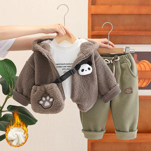 Brown Panda Hooded Jacket N Khaki Drawstring Pants - Minitaq baby kids clothes dress