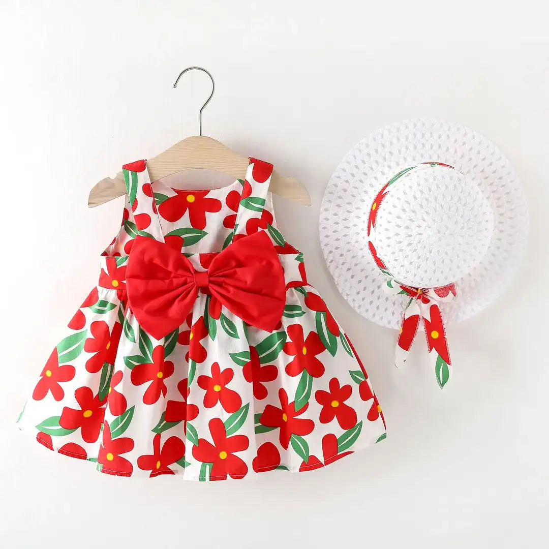 Elegant Red Flowers Printed Dress with White Hat