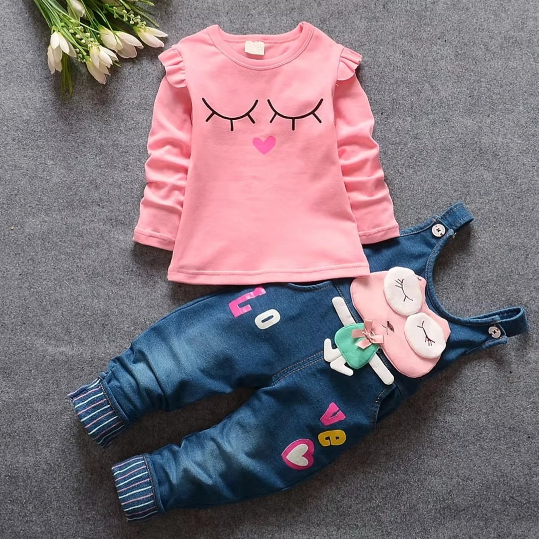 Owl on Dungaree with Pink Ruffle Style Top Set For Girls - Minitaq baby kids clothes dress