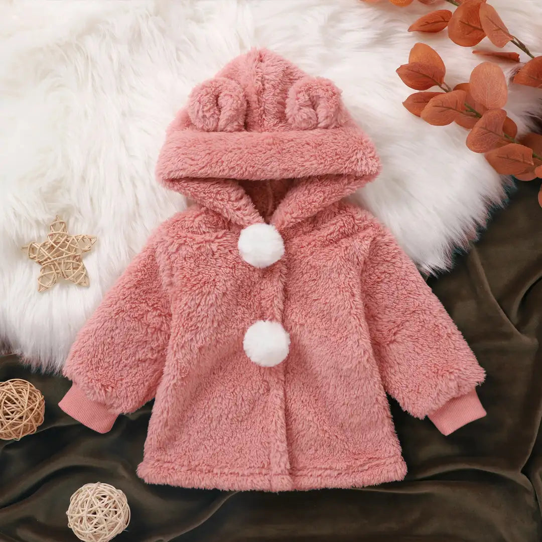 Fuzzy Pink N White Pom Pom Fleece Hoodie 2pcs Set - Minitaq baby kids clothes dress
