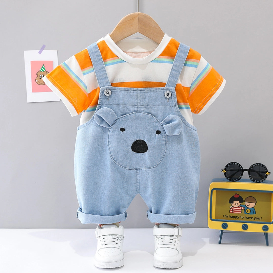 Bear Face Denim Dungaree with Striped Tee - Minitaq baby kids clothes dress 