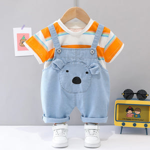 Bear Face Denim Dungaree with Striped Tee - Minitaq baby kids clothes dress 