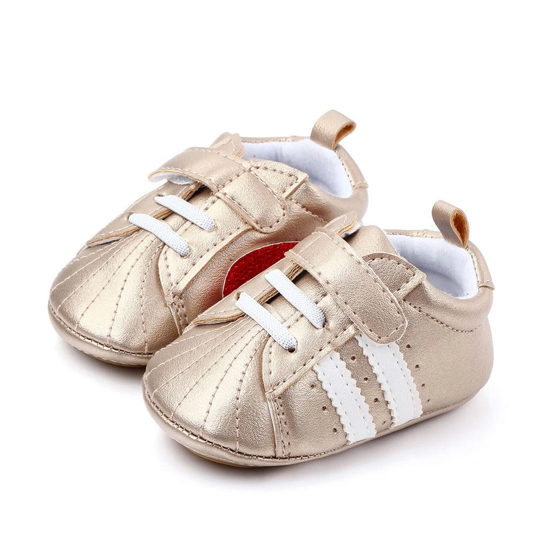 Shiny Gold Classy Baby Shoes with White Stripes 1 - Minitaq baby kids clothes dress