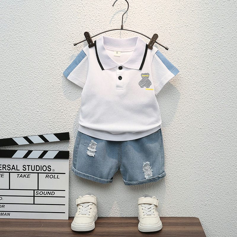 White Polo With Jean Shorts 2pc 1 - Minitaq baby kids clothes dress