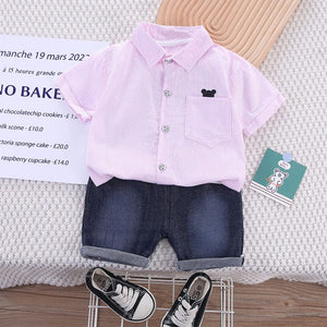 Pink Lines Shirt With Soft Jeans Short 2pc 1 - Minitaq baby kids clothes dress