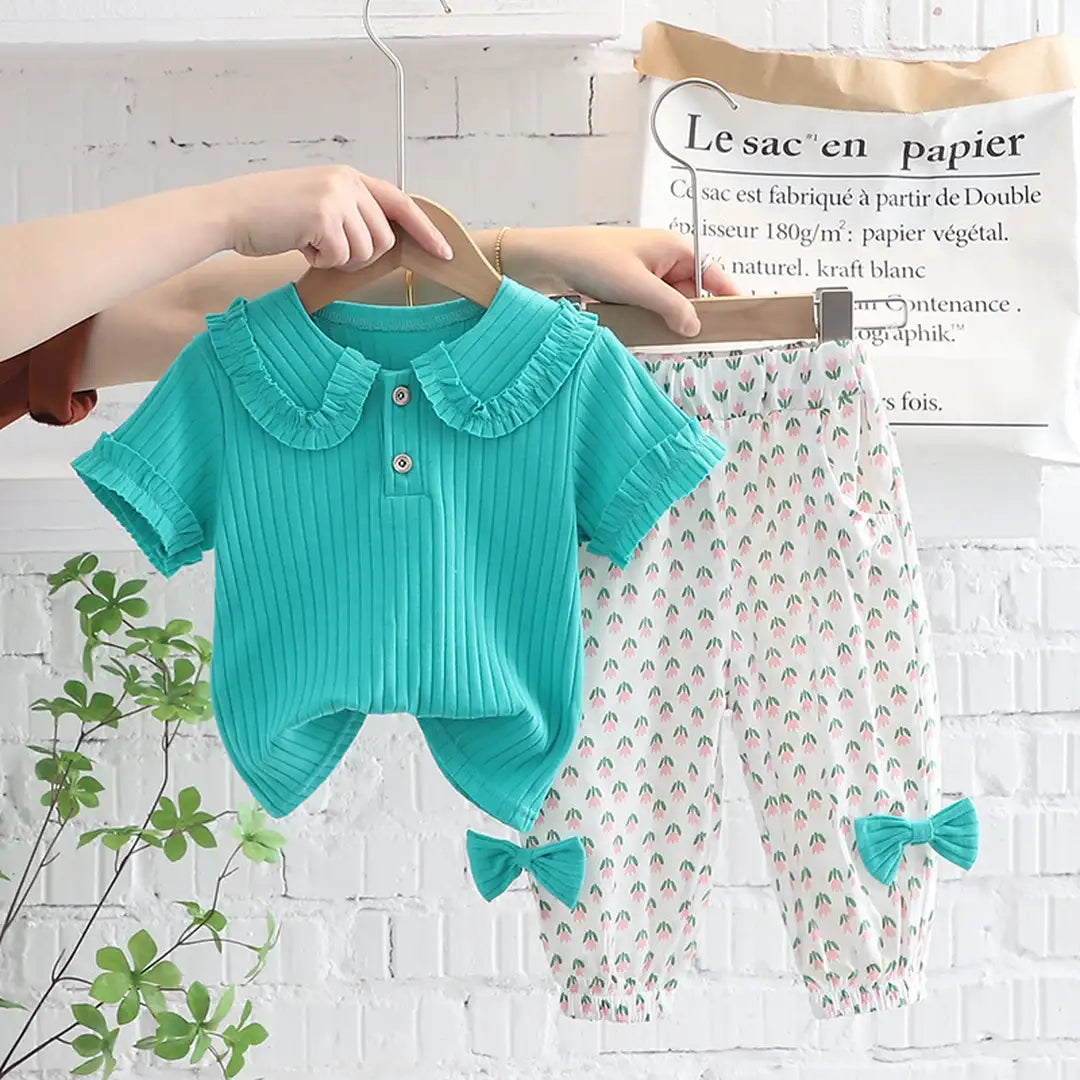 Ocean Color Top With White Patterned Pant For Kids 1 - Minitaq baby kids clothes dress