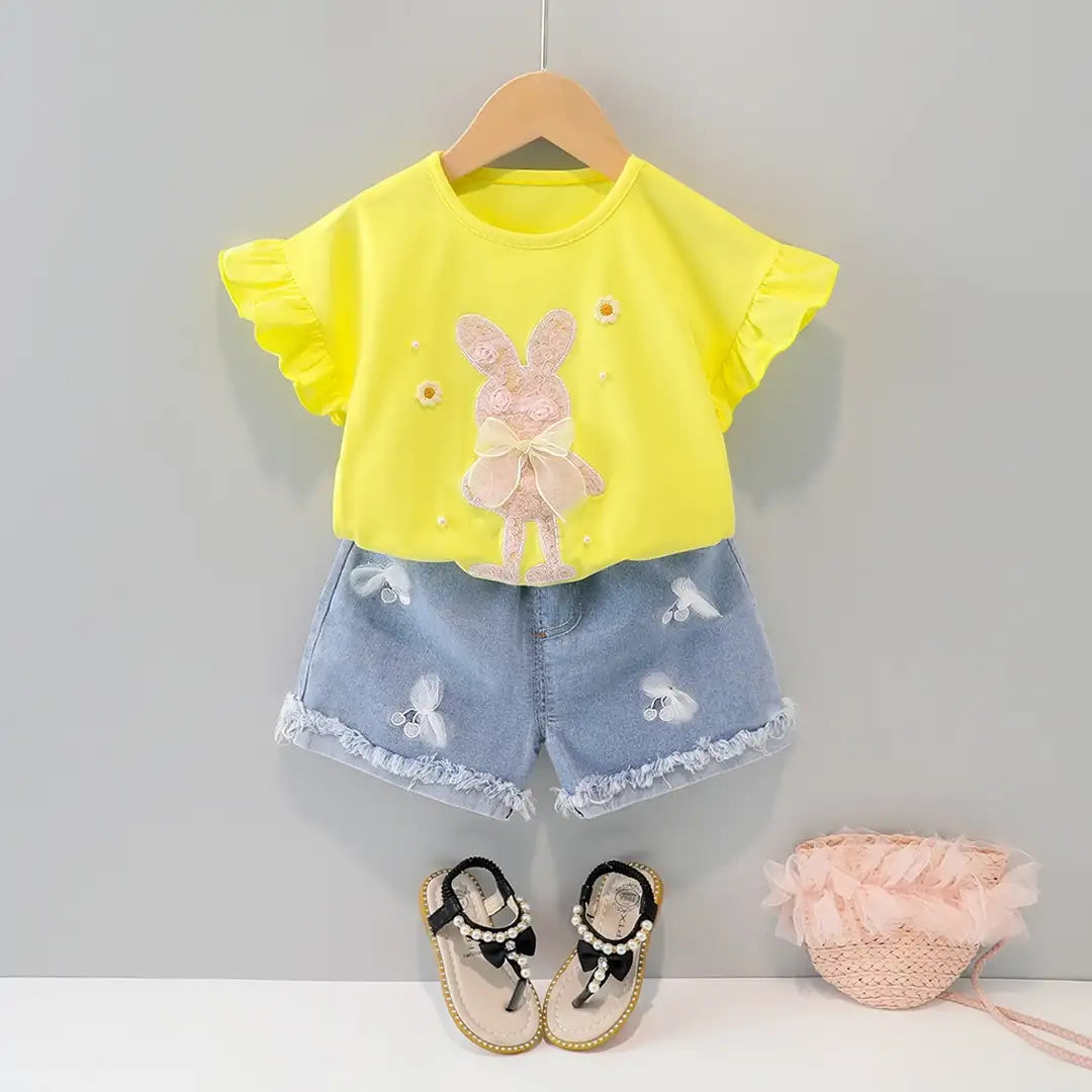 Yellow Fly Sleeve Fairy Bunny With Casual Jeans For Girls 1 - Minitaq baby kids clothes dress