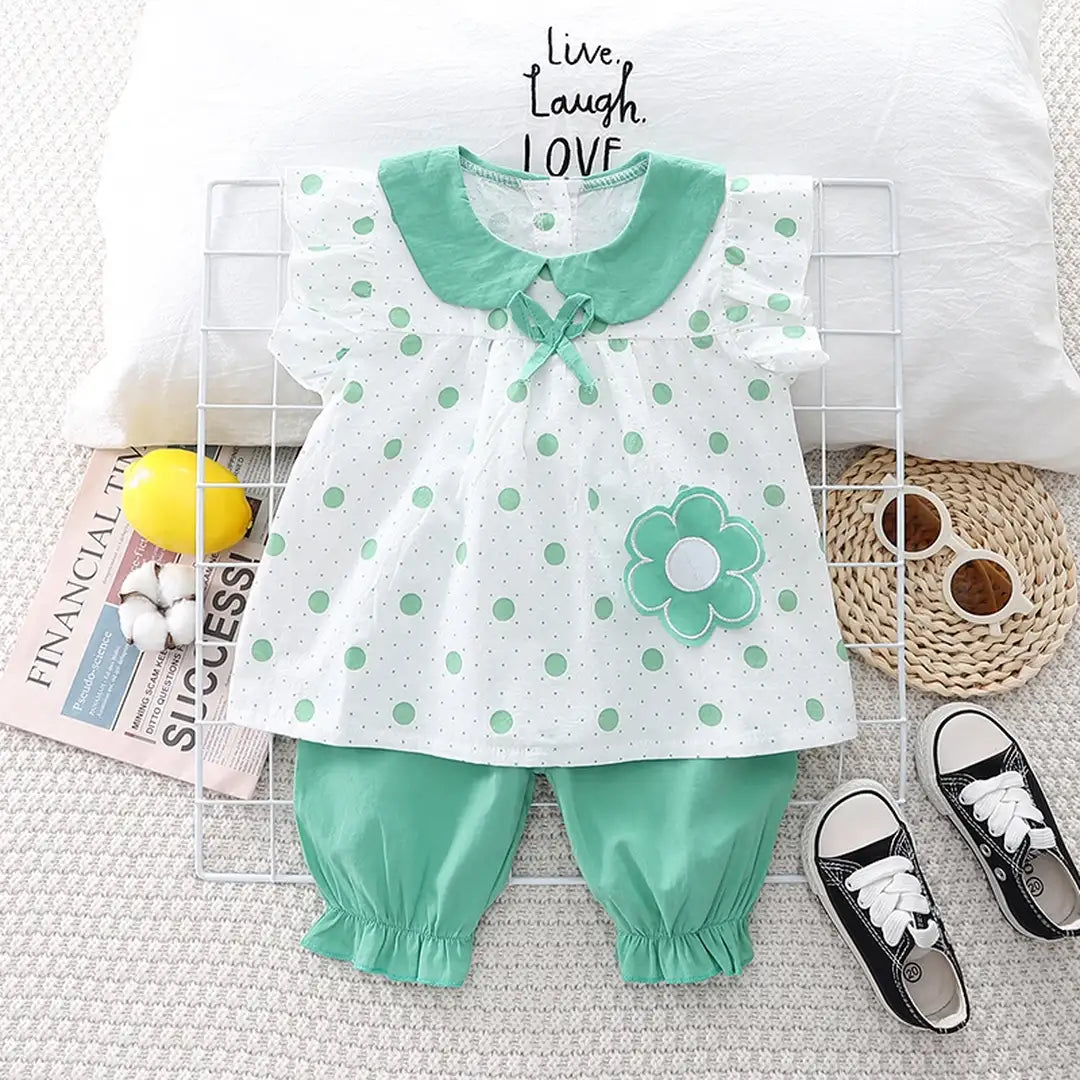 Green Polka Dots Top With Trouser For Girls 1 - Minitaq baby kids clothes dress