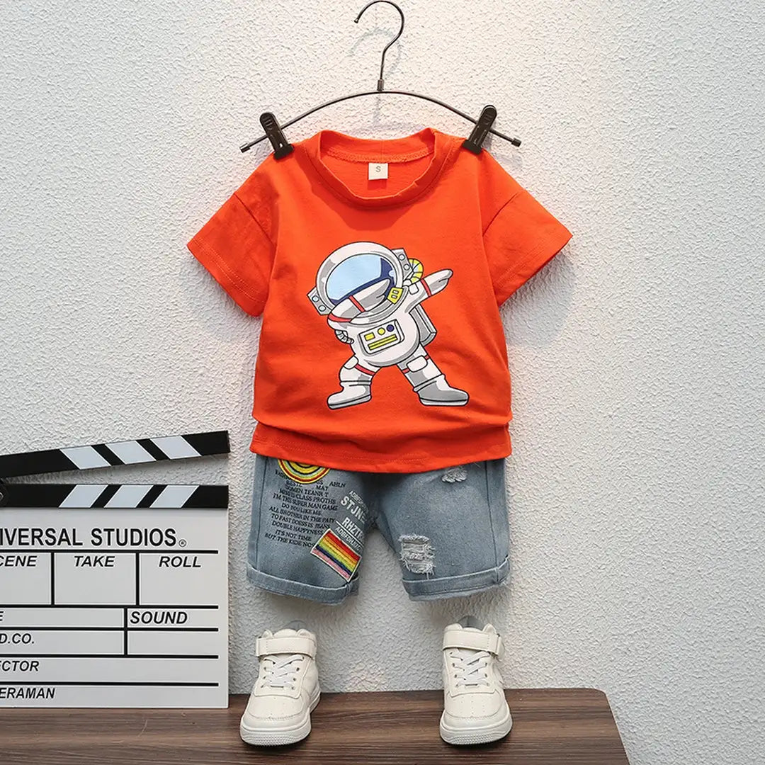 Fun With Astronaut Orange Shirt With Jeans Shorts 1 - Minitaq baby kids clothes dress