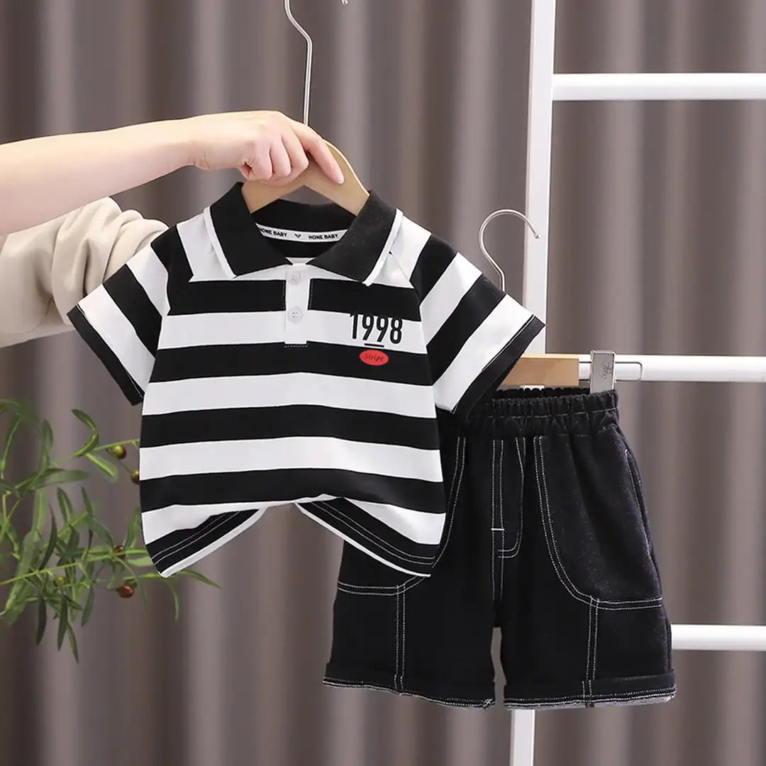 The Black Liner Polo Shirt With Jeans Shorts 1 - Minitaq baby kids clothes dress