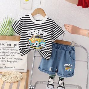 Black Lines Stylish Casual T-Shirt With Blue Jeans Shorts 1 - Minitaq baby kids clothes dress