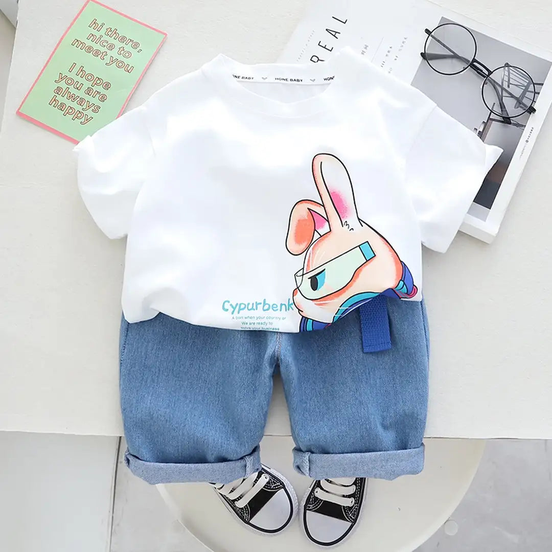 White Cartoon T-Shirt With Denim Pants For Kids 1 - Minitaq baby kids clothes dress