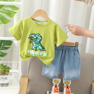 Cartoon Dino Summer T-Shirt With Jeans Shorts 1 - Minitaq baby kids clothes dress