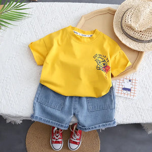 Yellow T-Shirt With Denim Blue Jeans Shorts For Children 1 - Minitaq baby kids clothes dress