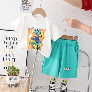 Cartoon White T-Shirt With Aqua Blue Shorts 1 - Minitaq baby kids clothes dress