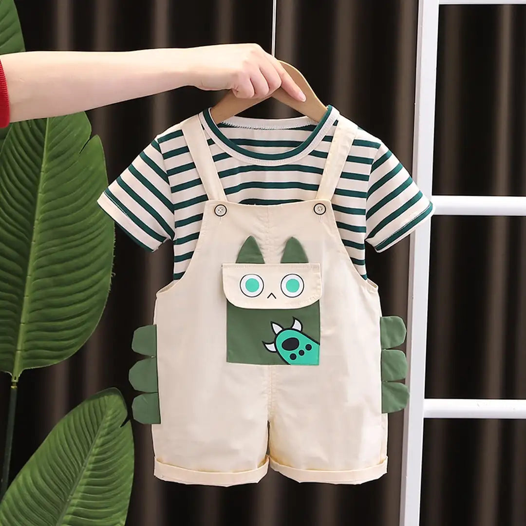 Green Lines T-Shirt With Stylish Cotton Dungaree 1 - Minitaq baby kids clothes dress