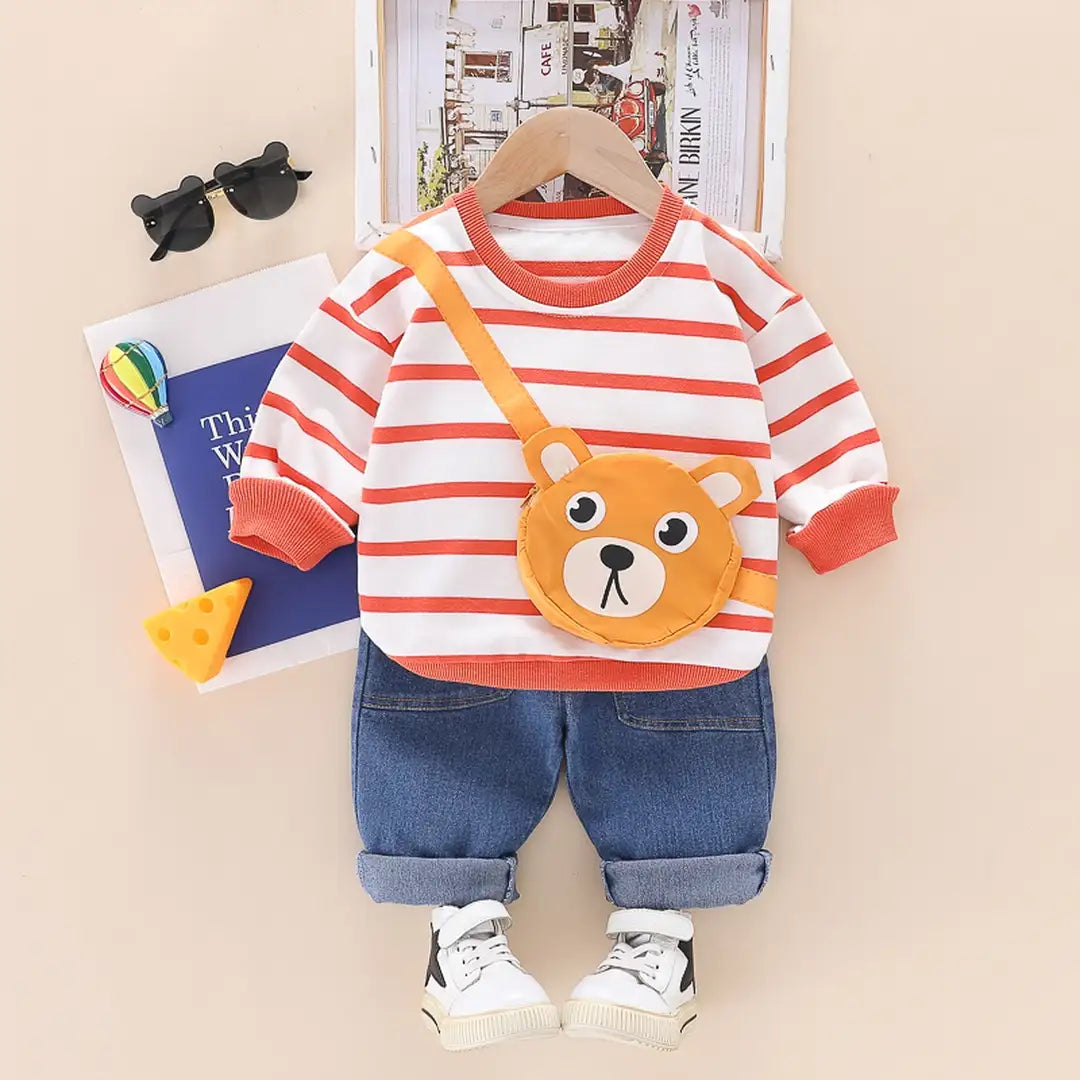 Peachy Lines Jumper N Bear Bag Attached With Denim Pants 1 - Minitaq baby kids clothes dress