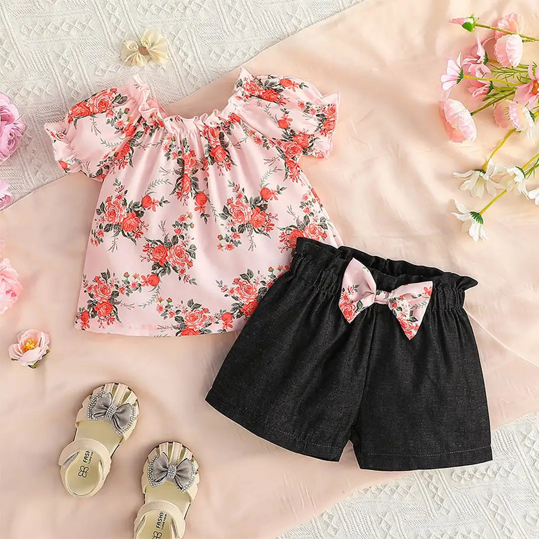 Floral Stylish Top With Black Skirt Shorts For Baby Girl 1 - Minitaq baby kids clothes dress