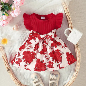 Red Floral Printed Korean Style Baby Girl Dress 1 - Minitaq baby kids clothes dress