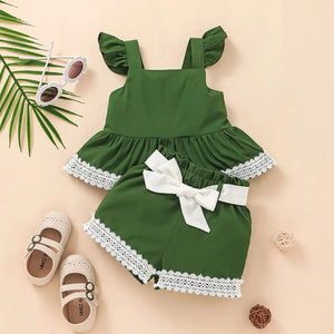 Green Sleeveless Top With Bottom Lace Shorts For Baby Girl 1 - Minitaq baby kids clothes dress