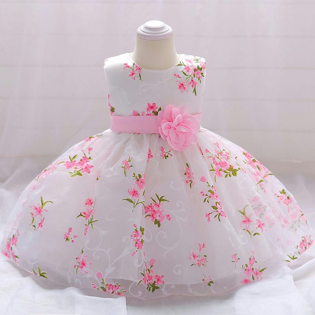 White N Pink Floral Frock Dress For Infants Toddlers 1 - Minitaq baby kids clothes dress