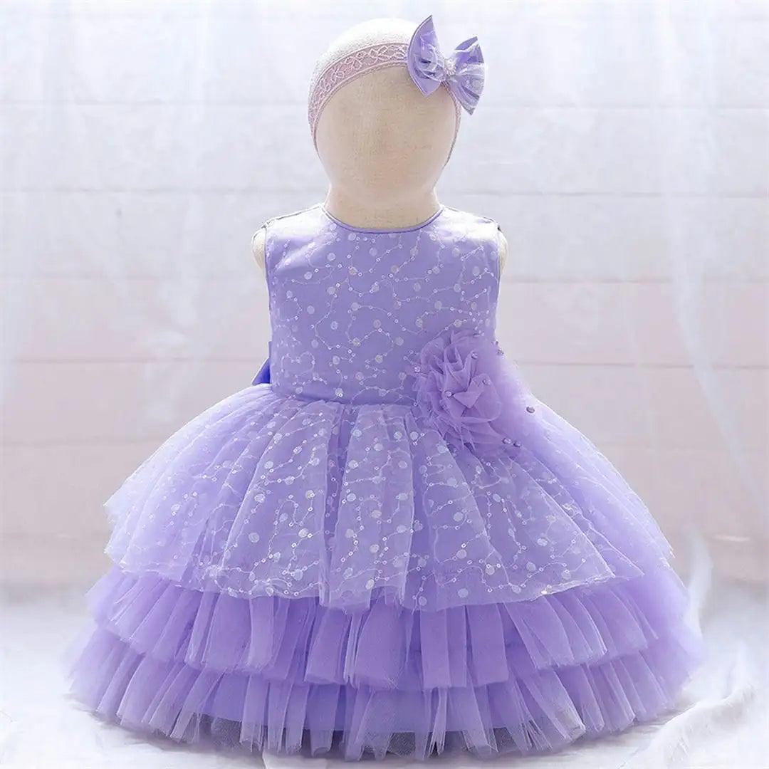 Purple Satin Layered Dress With Flower 1 - Minitaq baby kids clothes dress