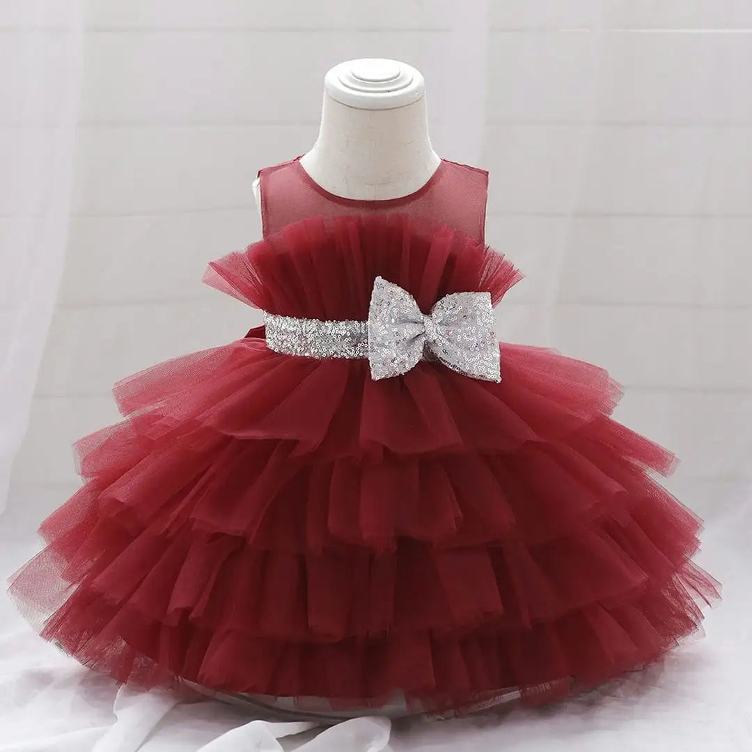 Red Tulle Style With Sequin Bow Frock 1 - Minitaq baby kids clothes dress