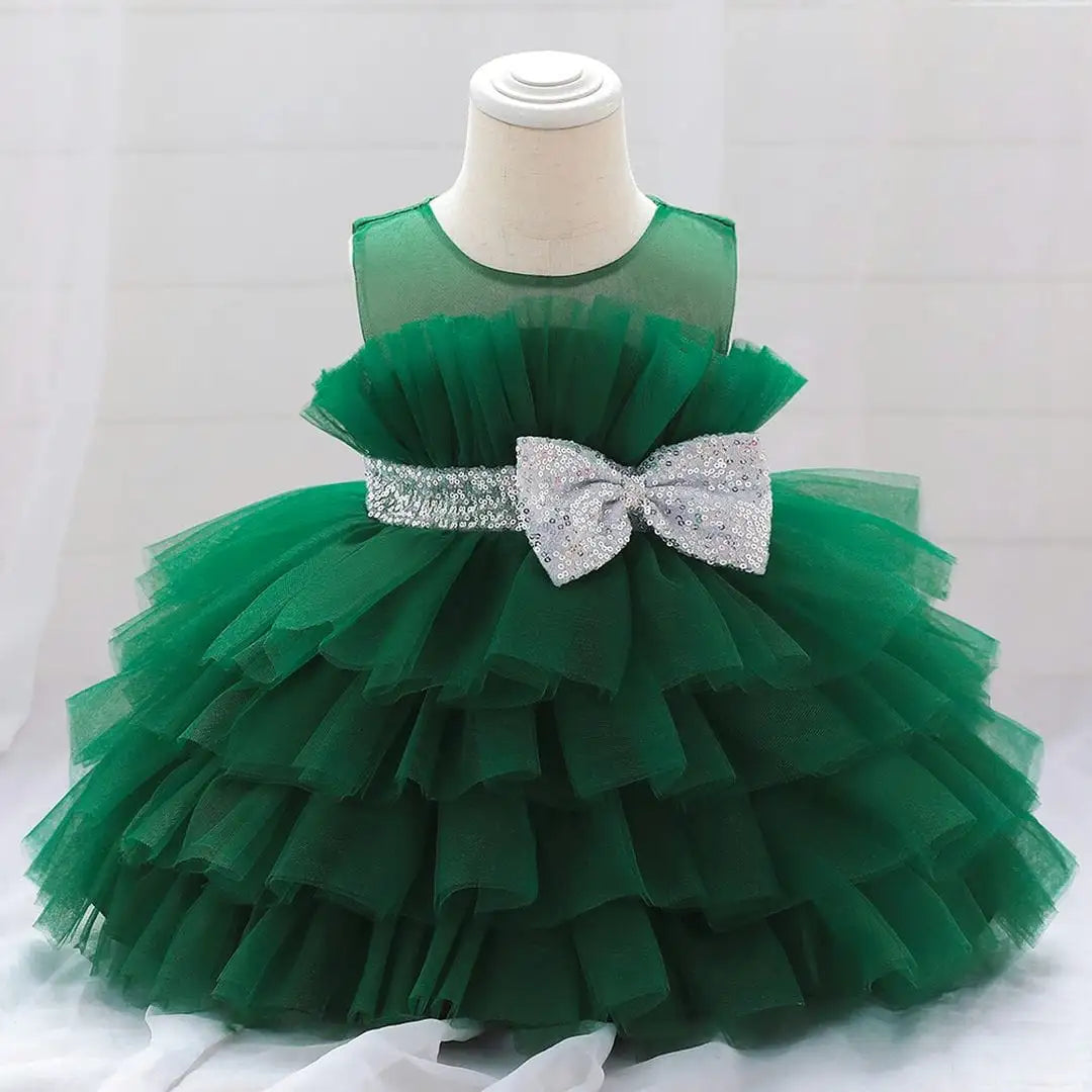 Green Tulle Style With Sequin Bow Frock 1 - Minitaq baby kids clothes dress