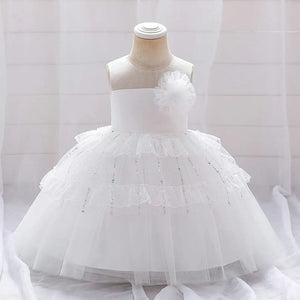 White Sleeveless Frock With Net And Satin Decor 1 - Minitaq baby kids clothes dress