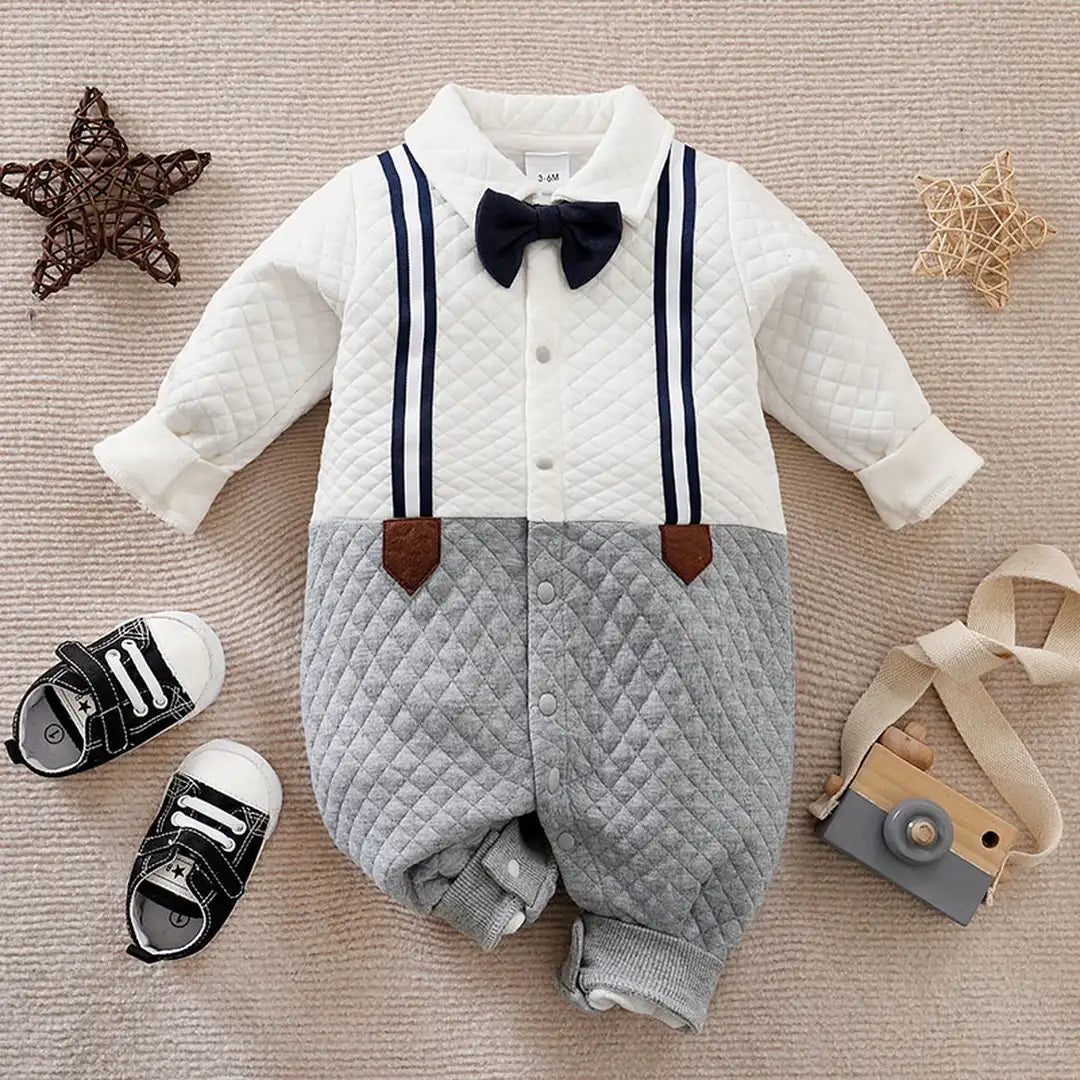 Gentleman Strap Style White And Gray Cotton Romper 1 - Minitaq baby kids clothes dress