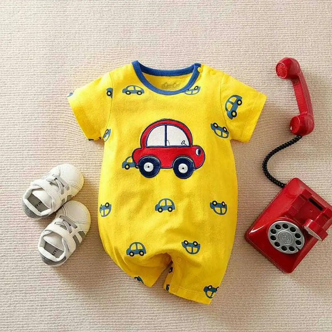 Car Design Yellow Half Sleeve Baby Romper 1 - Minitaq baby kids clothes dress