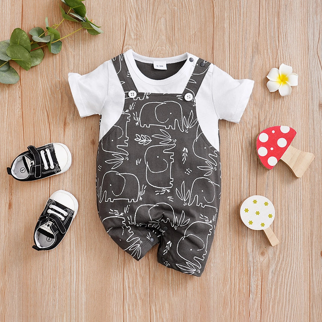 Casual Dungaree Style With Elephant Patten Cotton Romper 1 - Minitaq baby kids clothes dress