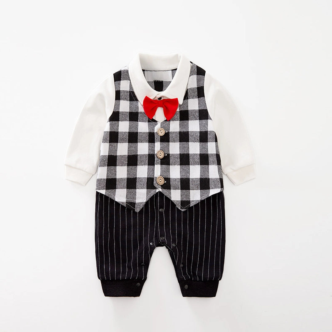 Formal Boy Checkered Wastcoat Romper With Red Bow 1 - Minitaq baby kids clothes dress