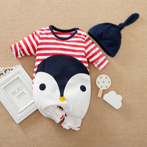 Penguin Red Lines Casual Baby Romper With Cap 1 - Minitaq baby kids clothes dress