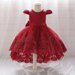 Red Embroided Pearl Neck Tailed Frock 1 - Minitaq baby kids clothes dress