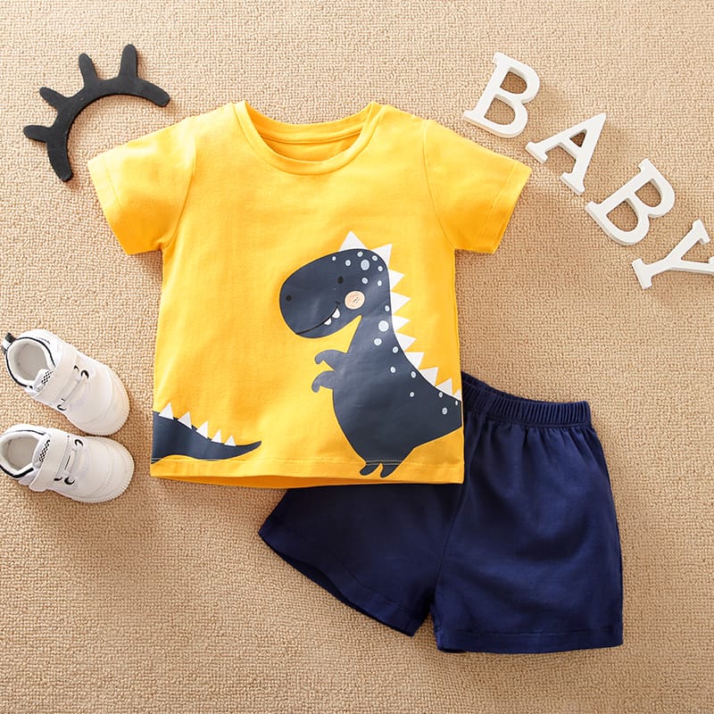 Dino Cotton 2pc T-Shirt With Blue Shorts 1 - Minitaq baby kids clothes dress