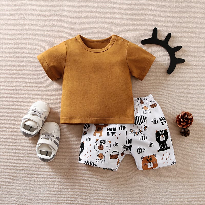 Stylish Brown Cotton T-Shirt And Shorts 2pc Set 1 - Minitaq baby kids clothes dress