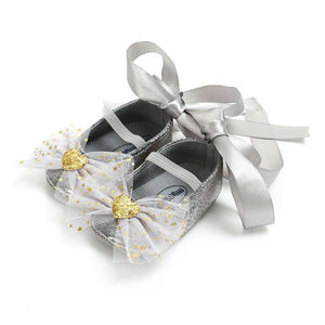 Classy Fancy Silver Baby Girl Shoes with Ribbon and Bow 1 - Minitaq baby kids clothes dress