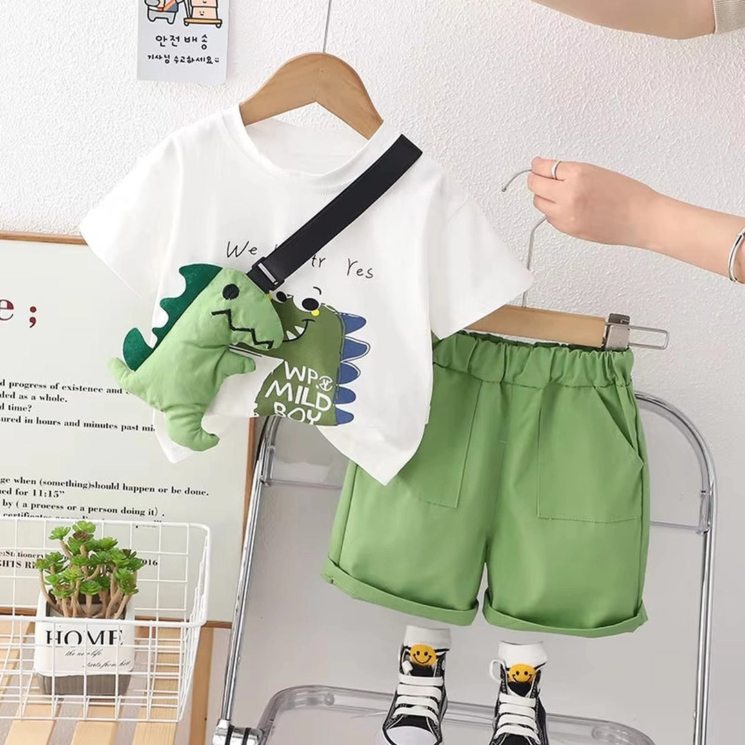 Dino Cartoon White Tee Shirt N Green Shorts Set - Minitaq baby kids clothes dress