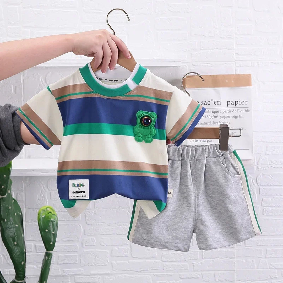 Little Explorer Stripe Design Shirt and Grey Shorts 2pcs Set - Minitaq baby kids clothes dress
