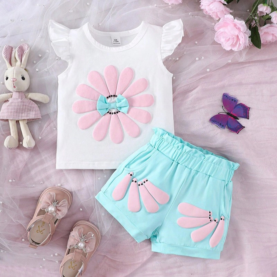 Petal Design Sleeveless Shirt N Aqua Shorts Set - Minitaq baby kids clothes dress
