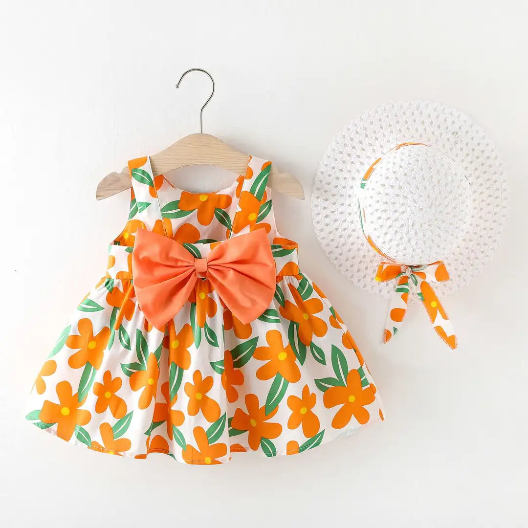 Cute Green & Orange Flower Patterned Sleeveless Dress
